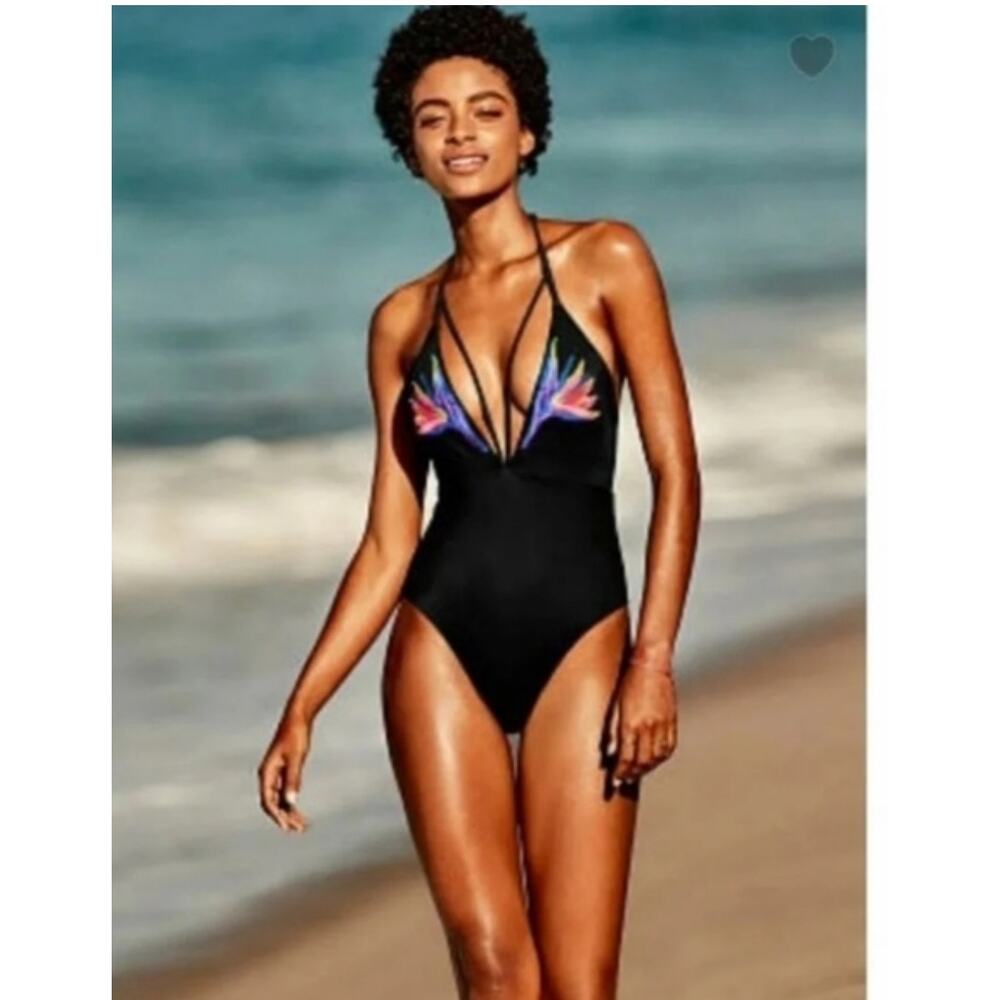 Victoria’s Secret Swim Black Strappy Embroidered One Piece Swimsuit Large